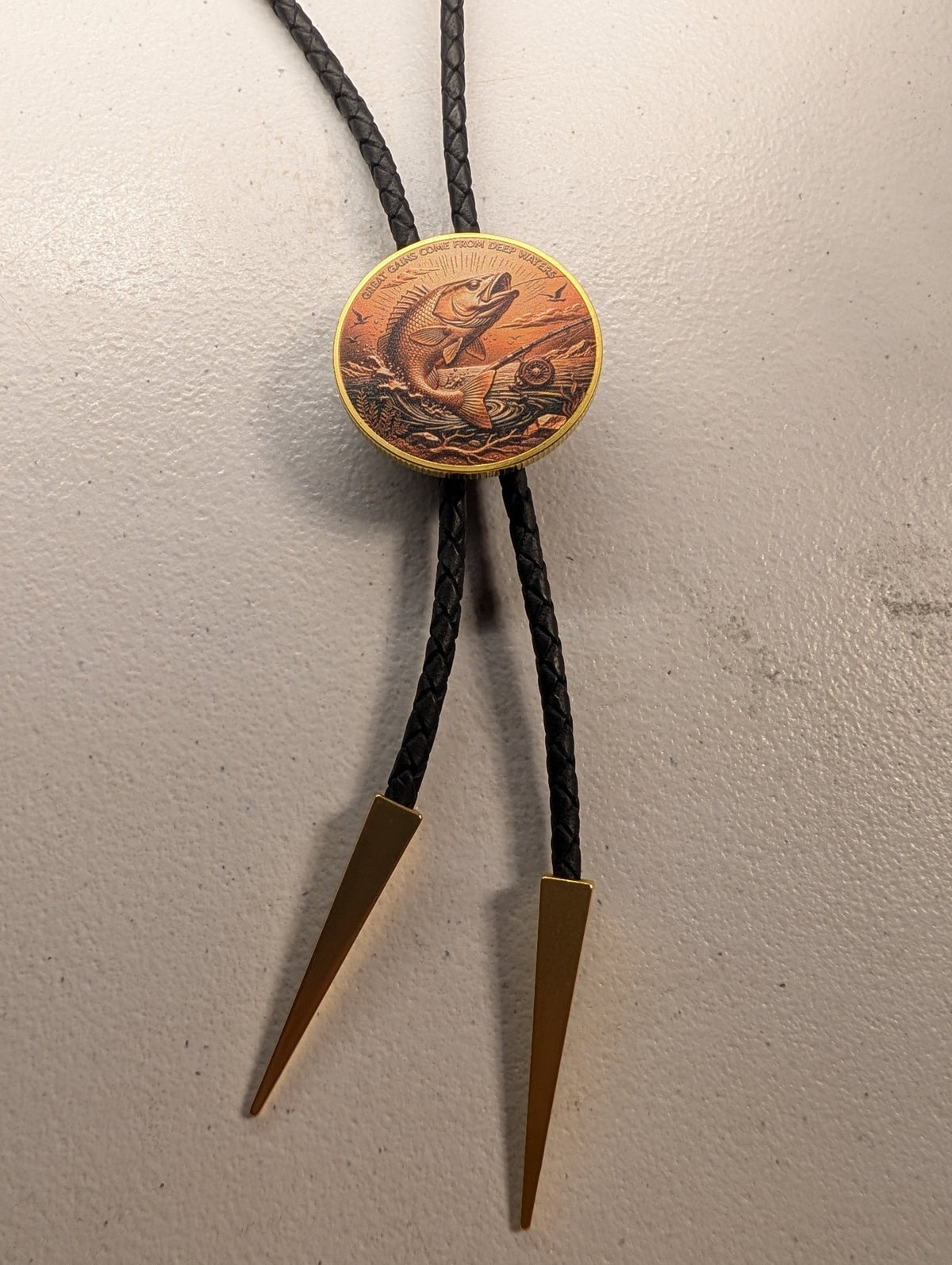 Deep Waters Fishing Bolo Tie | Gold Western Angler Bolo Tie - MIKE'S CUSTOM BOLOS