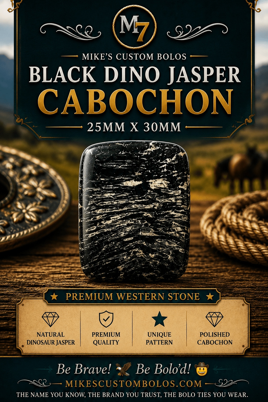 Dinosaur Jasper Black Matrix Cabochon | Premium Handcrafted Western Style - MIKE'S CUSTOM BOLOS