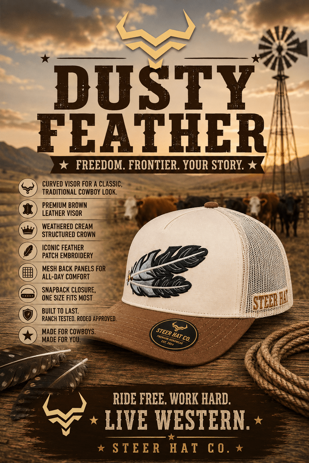 Dusty Feather (Curved Visor)By Steer Hat Co | Premium Western Hat - MIKE'S CUSTOM BOLOS