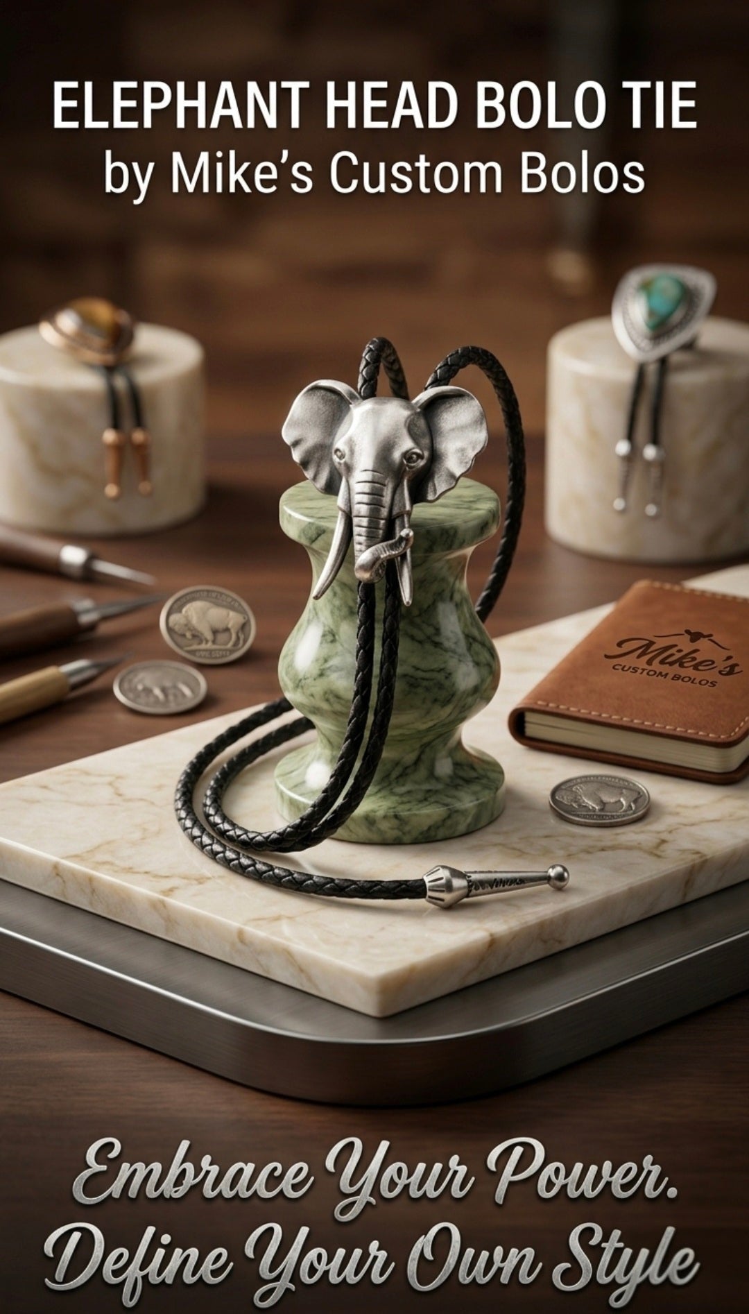 ELEPHANT HEAD BOLO TIE ~ MIKE'S CUSTOM BOLOS - MIKE'S CUSTOM BOLOS