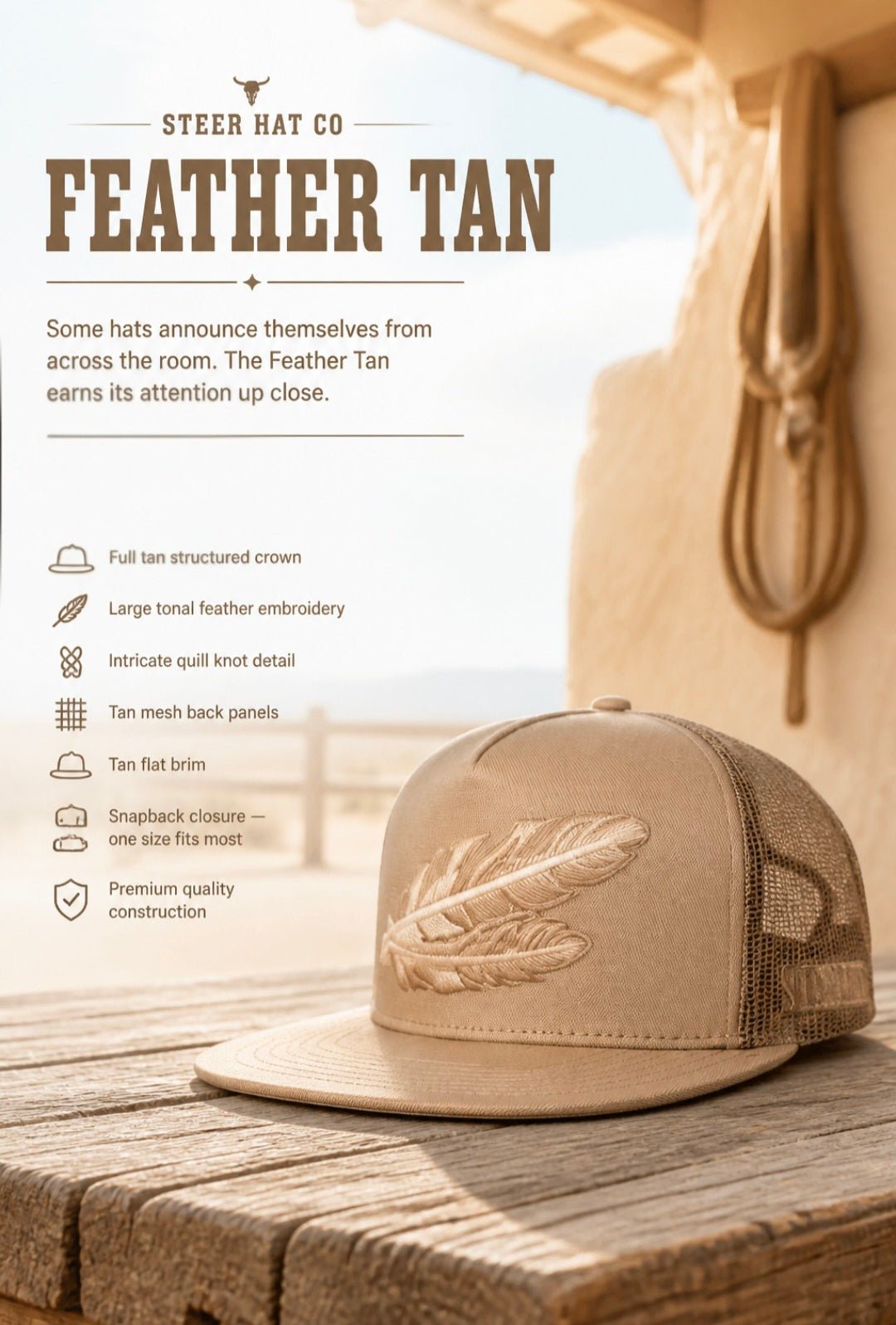 Feather Tan By Steer Hat Co| Premium Western Hat - MIKE'S CUSTOM BOLOS