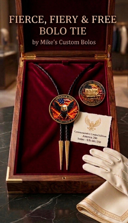 FIERCE, FIERY & FREE BOLO TIE SIDE A ~ Limited Edition U.S. Semiquincentennial Commemorative Bolo Tie - MIKE'S CUSTOM BOLOS