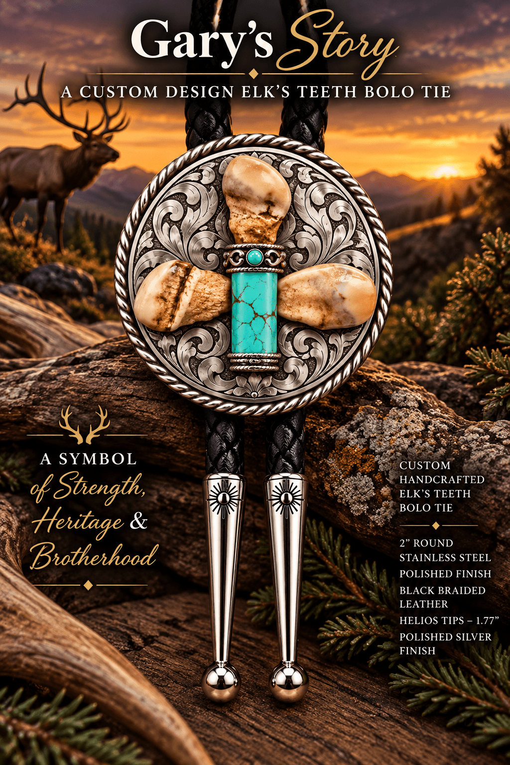 Gary's Story ~ Custom Design Elk Teeth & Heirloom Turquoise Bolo Tie - MIKE'S CUSTOM BOLOS