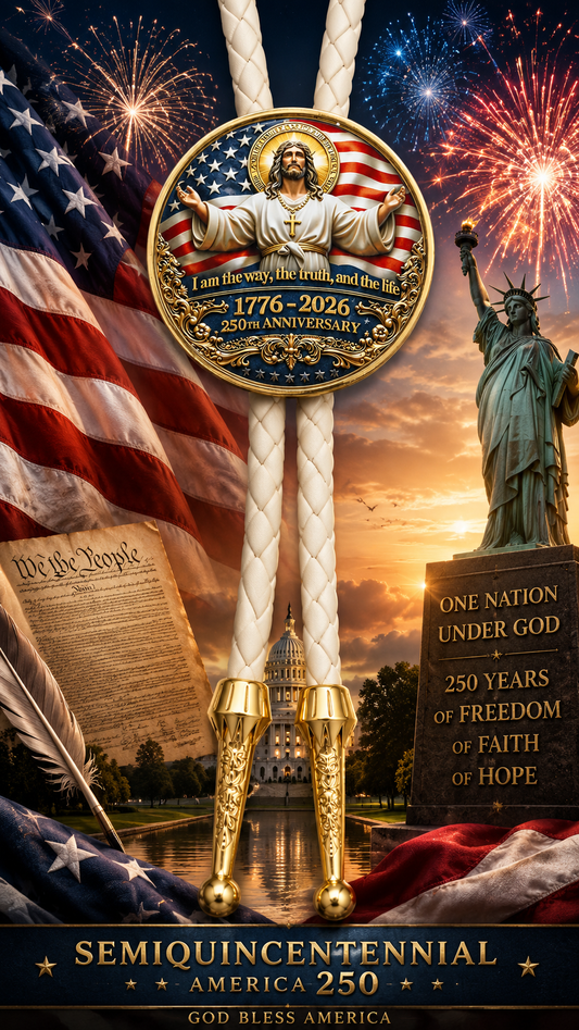 God Bless America Bolo Tie Side A displayed with Jesus Christ centerpiece, white braided leather, gold ornate tips, American flag, fireworks, Statue of Liberty, U.S. Capitol, and America 250 Semiquincentennial artwork