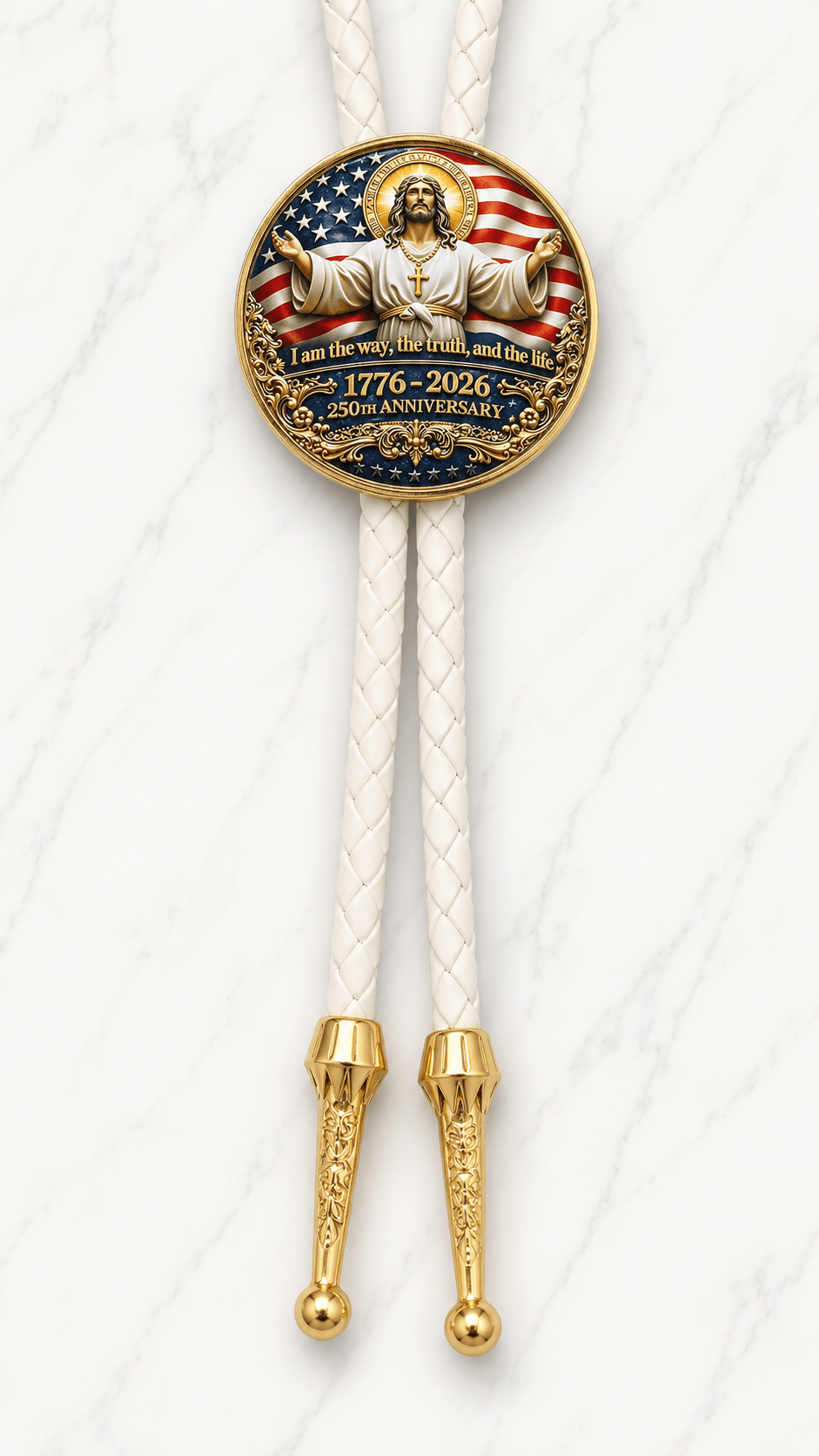 God Bless America Bolo Tie Side A with Jesus Christ centerpiece, white braided leather, and polished gold ornate tips