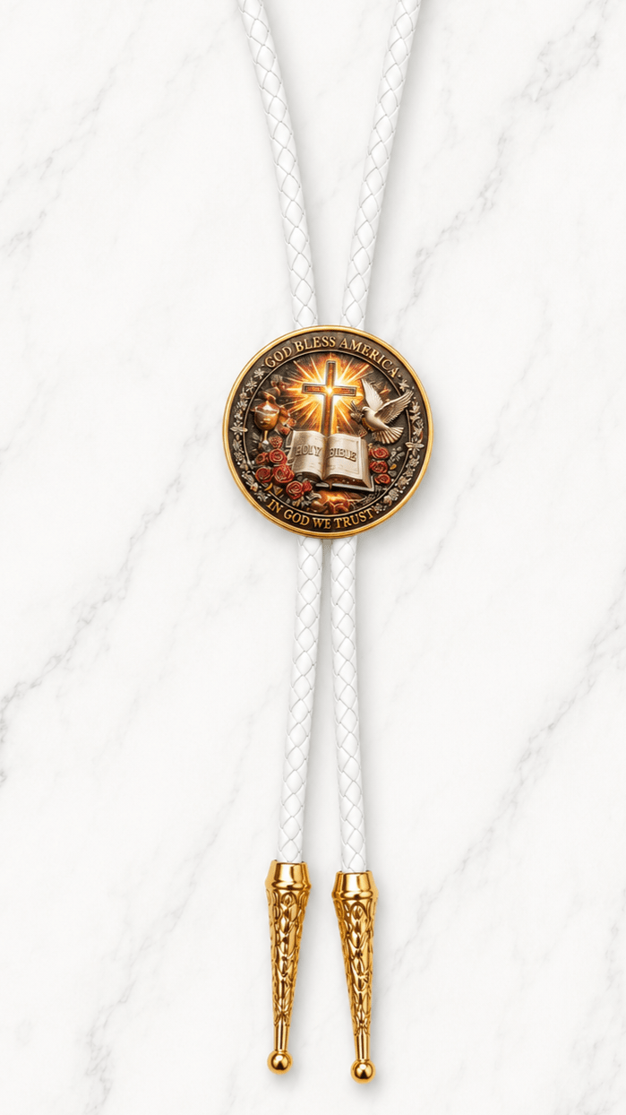God Bless America Bolo Tie Side B with cross, Holy Bible, dove centerpiece, white braided leather, and polished gold ornate tips