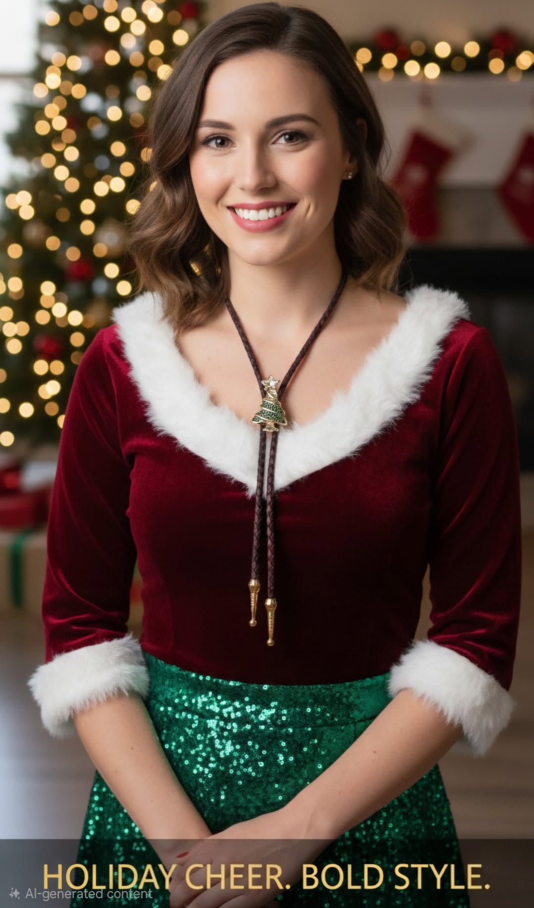 GOLD - TONED CHRISTMAS TREE BOLO TIE - MIKE'S CUSTOM BOLOS