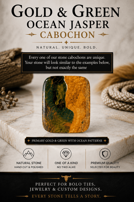 Green & Gold Ocean Jasper Cabochon Bolo Tie | Premium Western Style - MIKE'S CUSTOM BOLOS
