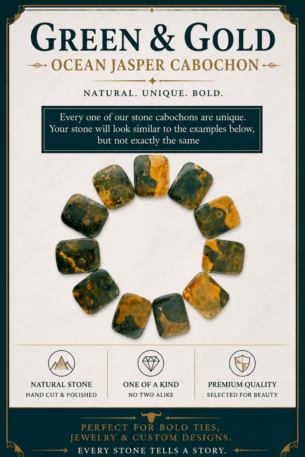 Green & Gold Ocean Jasper Cabochon Bolo Tie | Premium Western Style - MIKE'S CUSTOM BOLOS