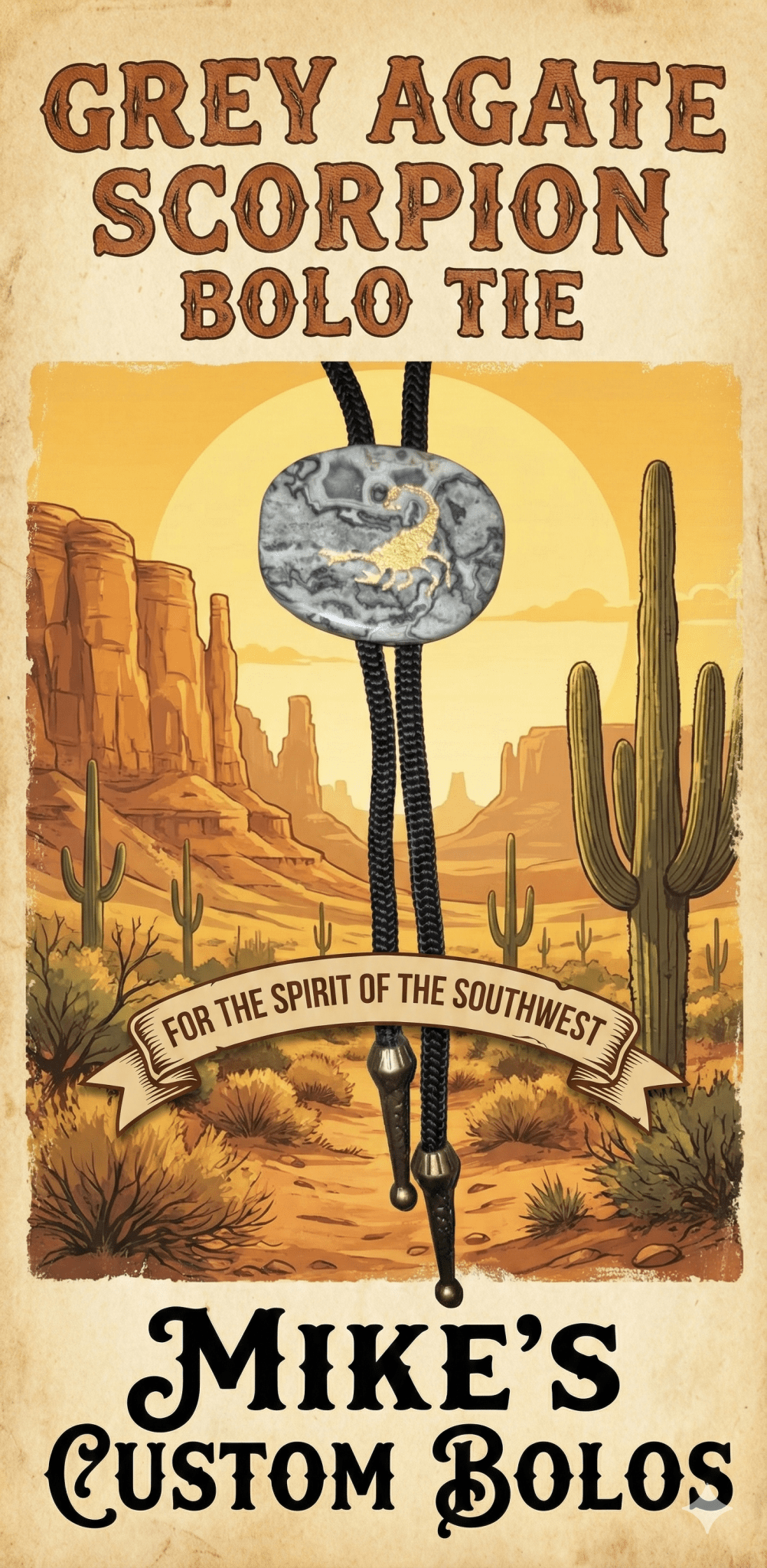 GREY AGATE SCORPION BOLO TIE - MIKE'S CUSTOM BOLOS