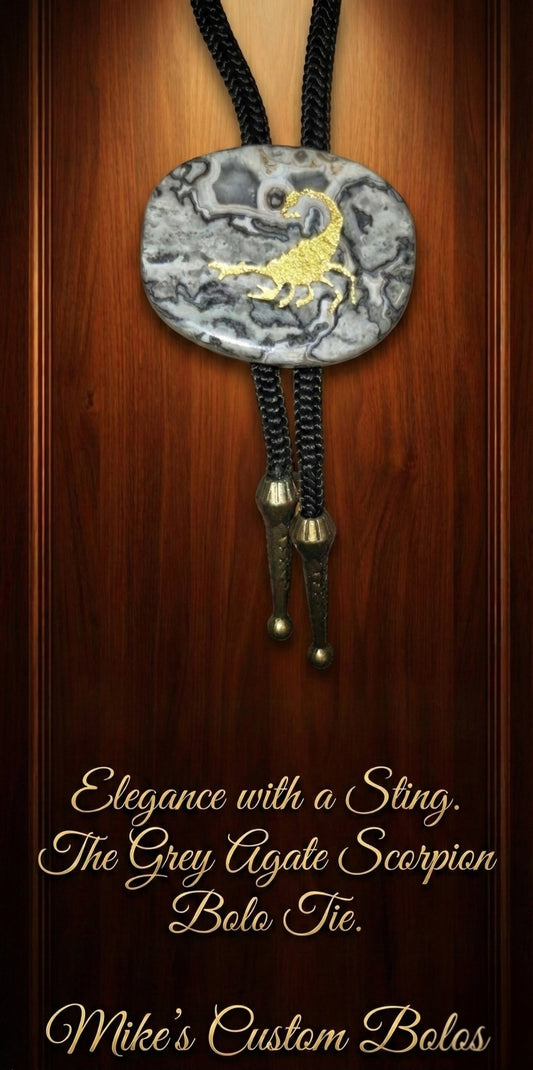 GREY AGATE SCORPION BOLO TIE - MIKE'S CUSTOM BOLOS