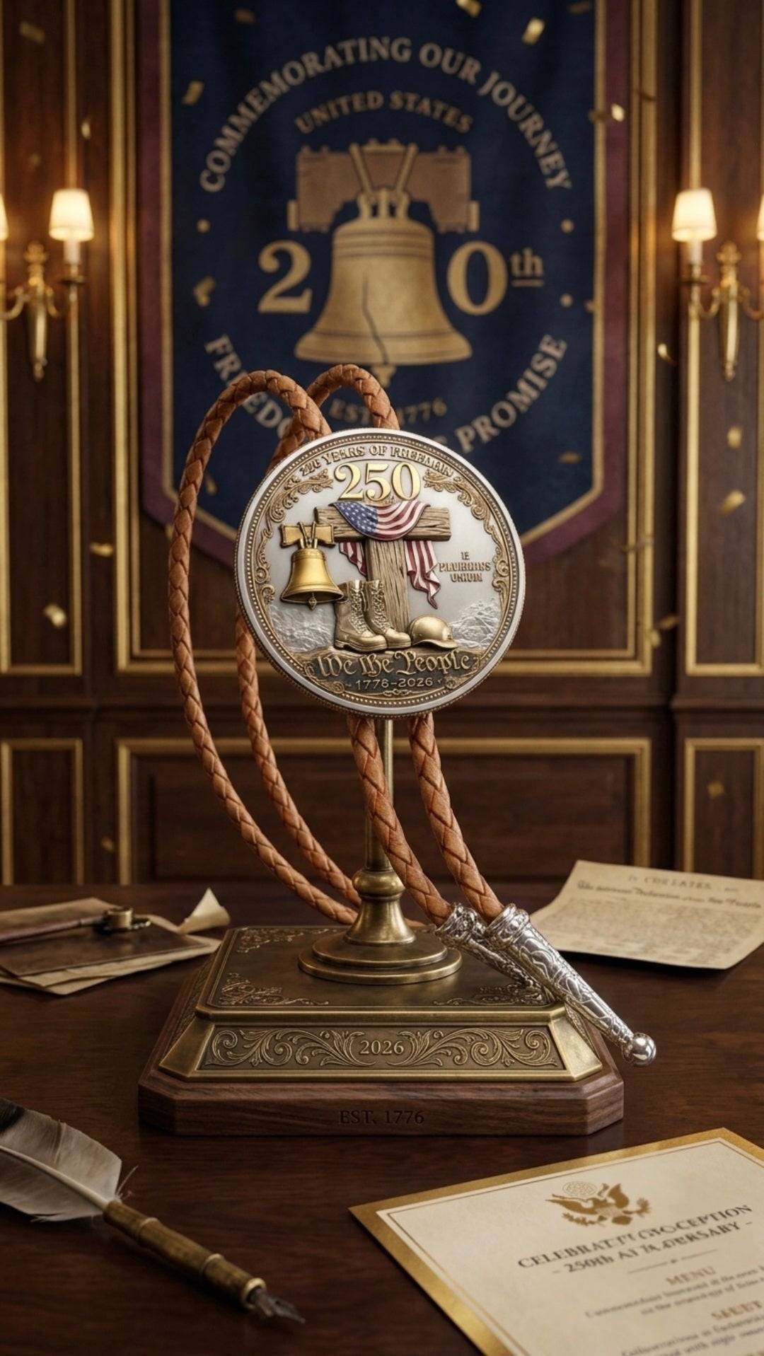Honoring Our Veterans Bolo Tie Side A displayed with Liberty Bell and military tribute centerpiece, brown braided leather, silver ornate tips, commemorative America 250 backdrop, historic documents, and 2026 display