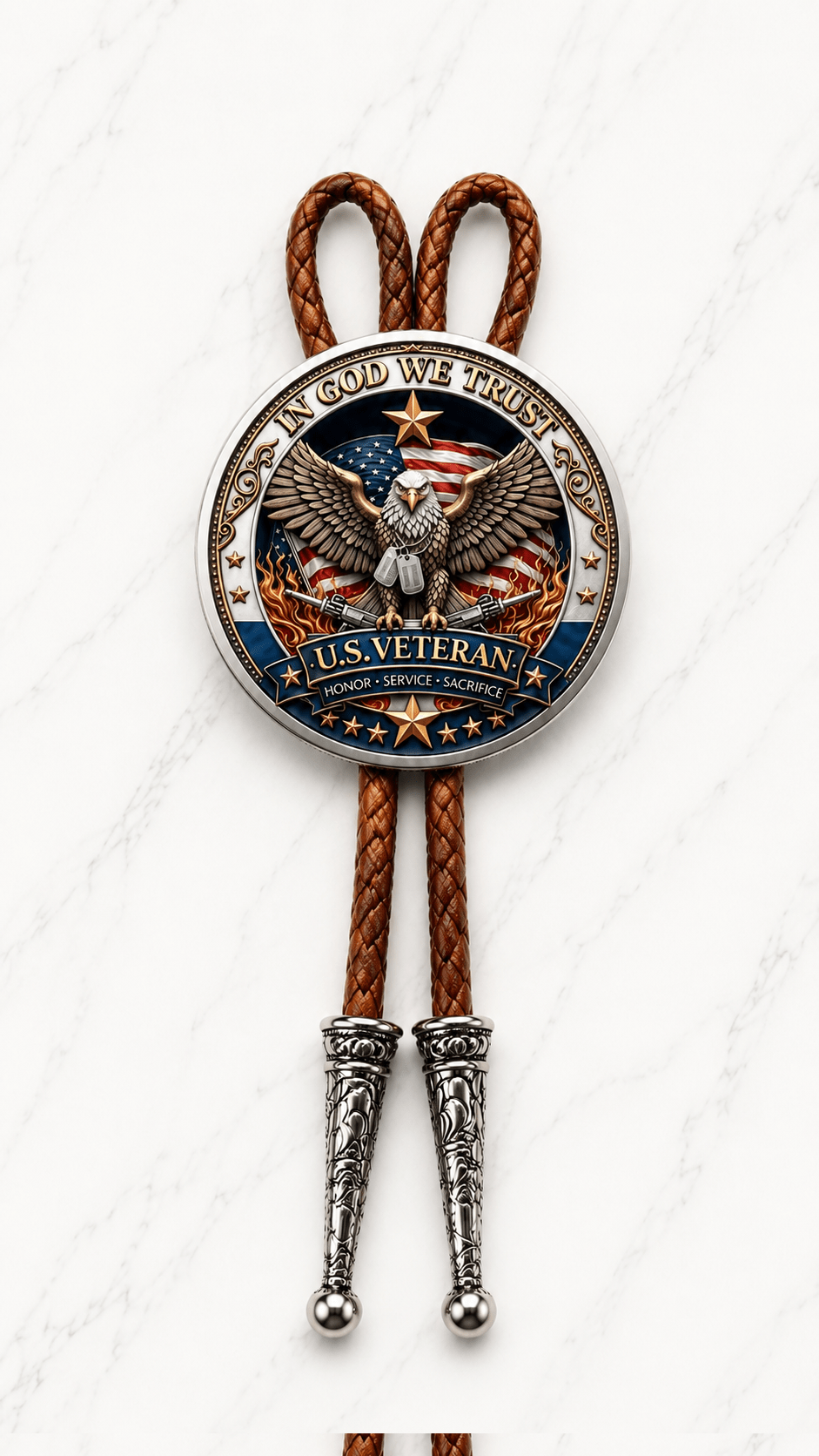 Honoring Our Veterans Bolo Tie reverse side with U.S. Veteran eagle centerpiece, brown braided leather, and polished silver ornate tips