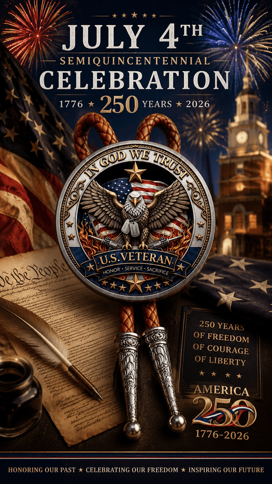 Honoring Our Veterans Bolo Tie Side B displayed with U.S. Veteran eagle centerpiece, brown braided leather, silver ornate tips, fireworks, historic American imagery, and America 250 patriotic artwork