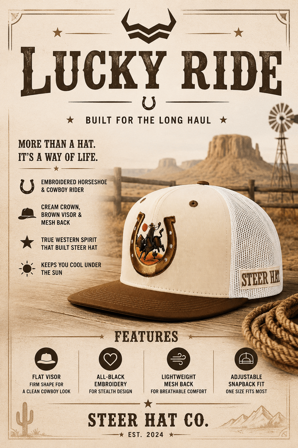 Lucky Ride Hat by Steer Hat Co | Premium Western Trucker Hat - MIKE'S CUSTOM BOLOS