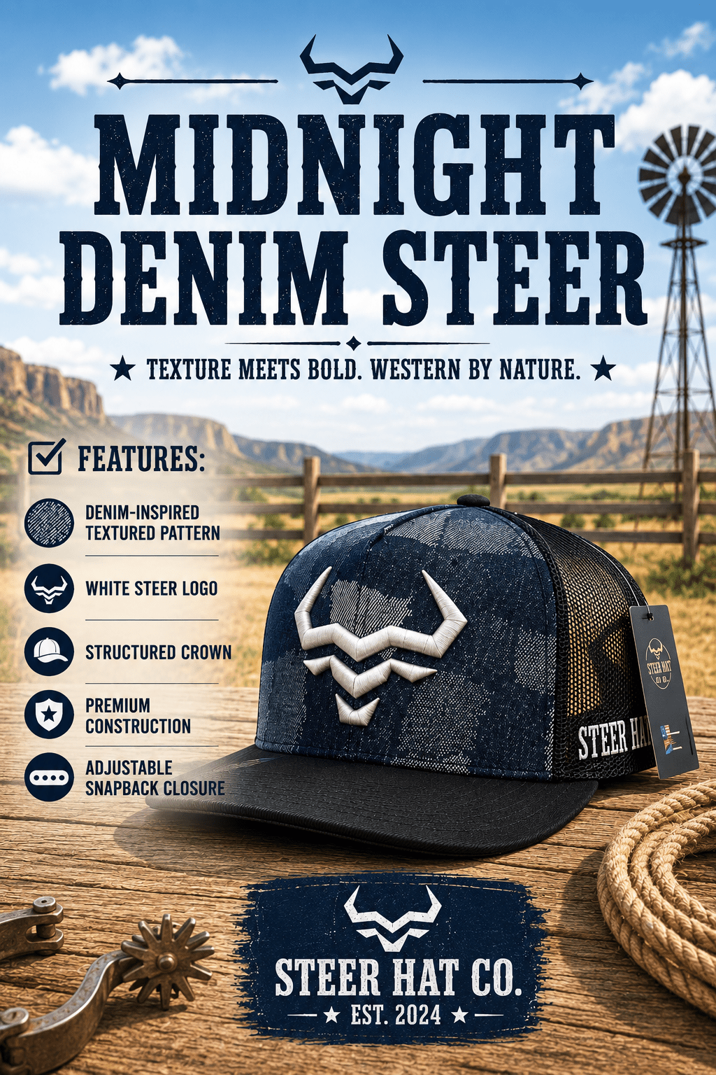 Midnight Denim Steer By Steer Hat Co | Premium Western Hat - MIKE'S CUSTOM BOLOS