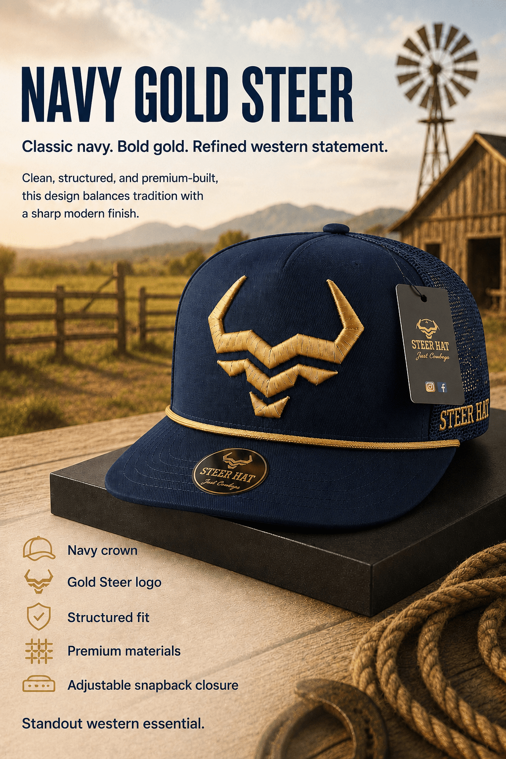 Navy Gold Steer By Steer Hat Co | Premium Western Hat - MIKE'S CUSTOM BOLOS