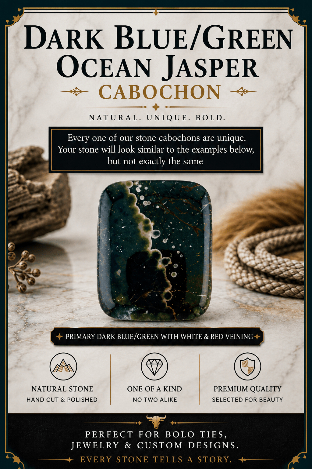 Ocean Jasper Dark Green & Blue Cabochon | Premium Handcrafted Western Style - MIKE'S CUSTOM BOLOS