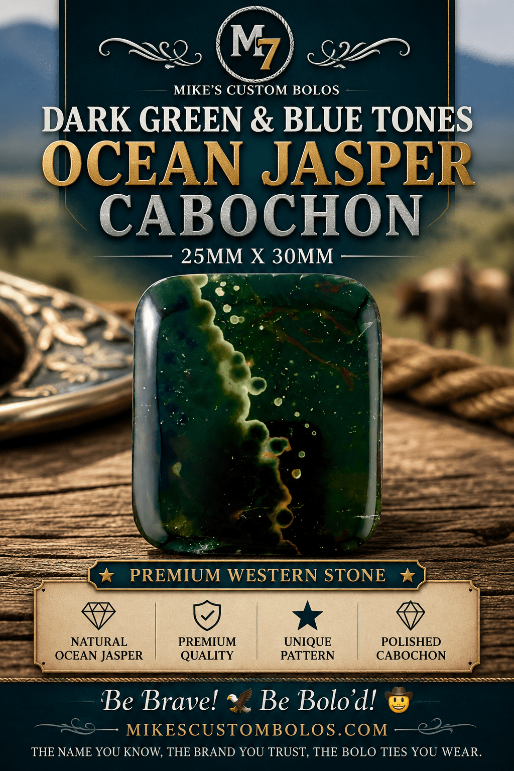 Ocean Jasper Dark Green & Blue Cabochon | Premium Handcrafted Western Style - MIKE'S CUSTOM BOLOS