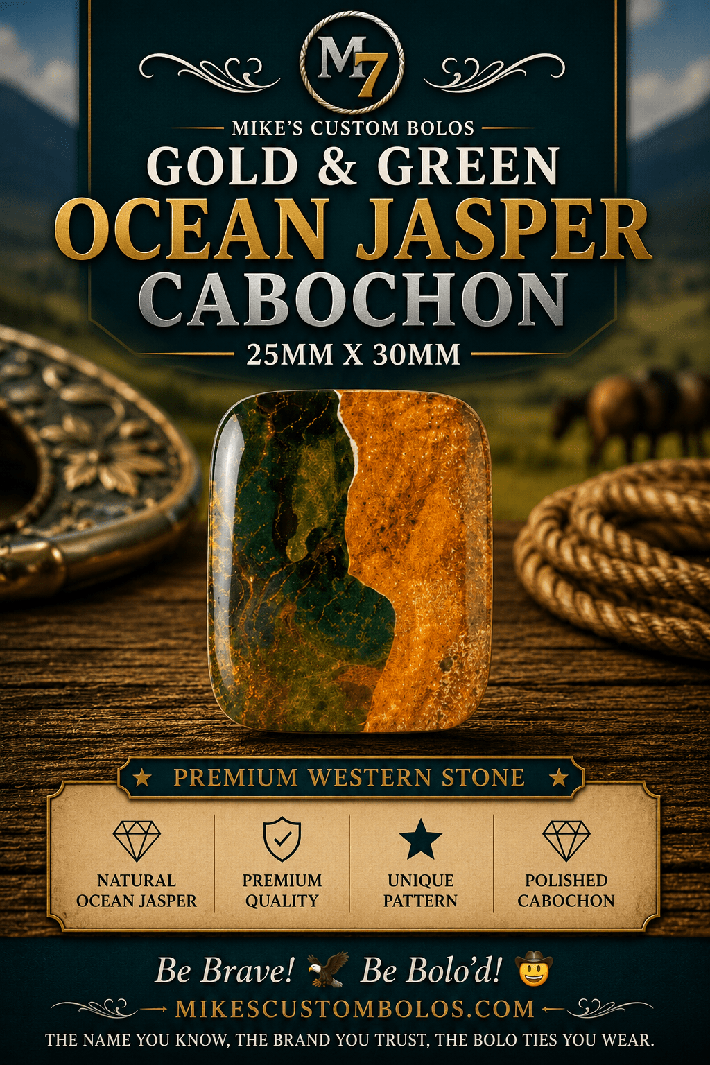 Ocean Jasper Gold & Green Cabochon | Premium Handcrafted Western Style - MIKE'S CUSTOM BOLOS