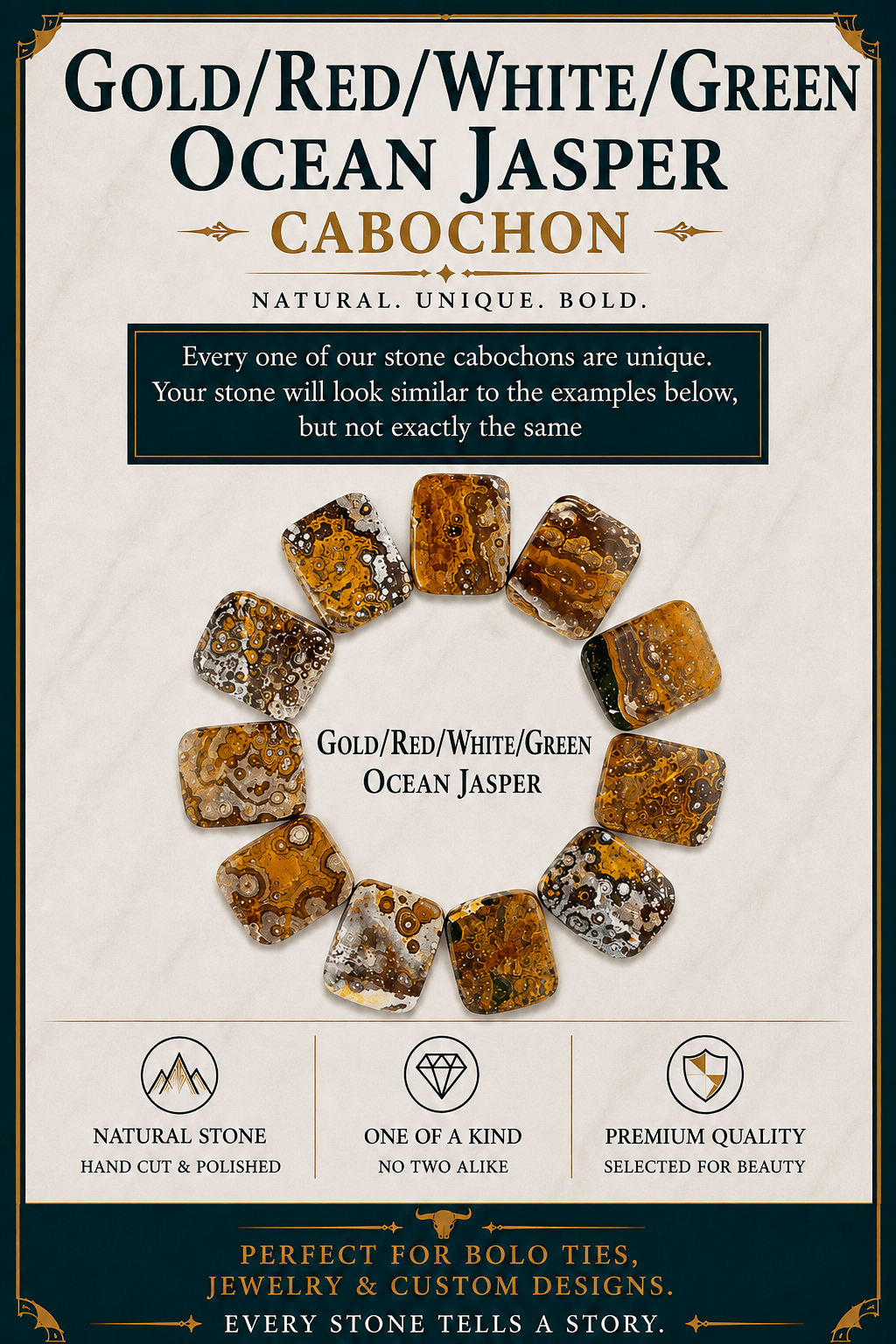 Ocean Jasper Gold, Red, White & Green Rectangular Cabochon | Premium Handcrafted Western Style - MIKE'S CUSTOM BOLOS