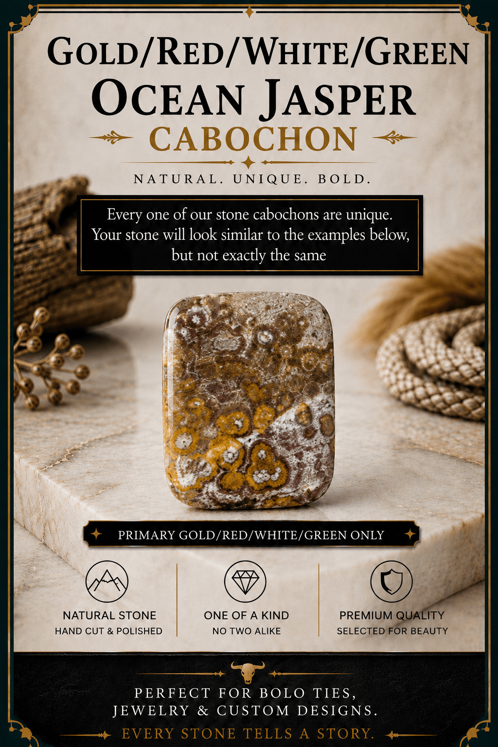 Ocean Jasper Gold, Red, White & Green Rectangular Cabochon | Premium Handcrafted Western Style - MIKE'S CUSTOM BOLOS