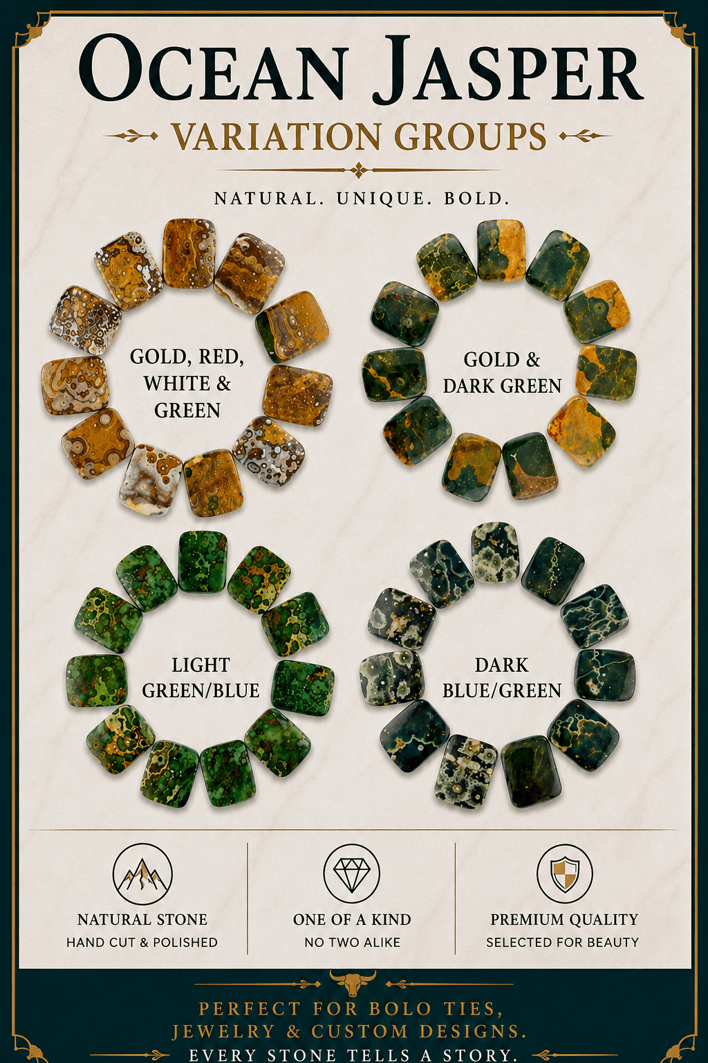 Ocean Jasper Gold, Red, White & Green Rectangular Cabochon | Premium Handcrafted Western Style - MIKE'S CUSTOM BOLOS