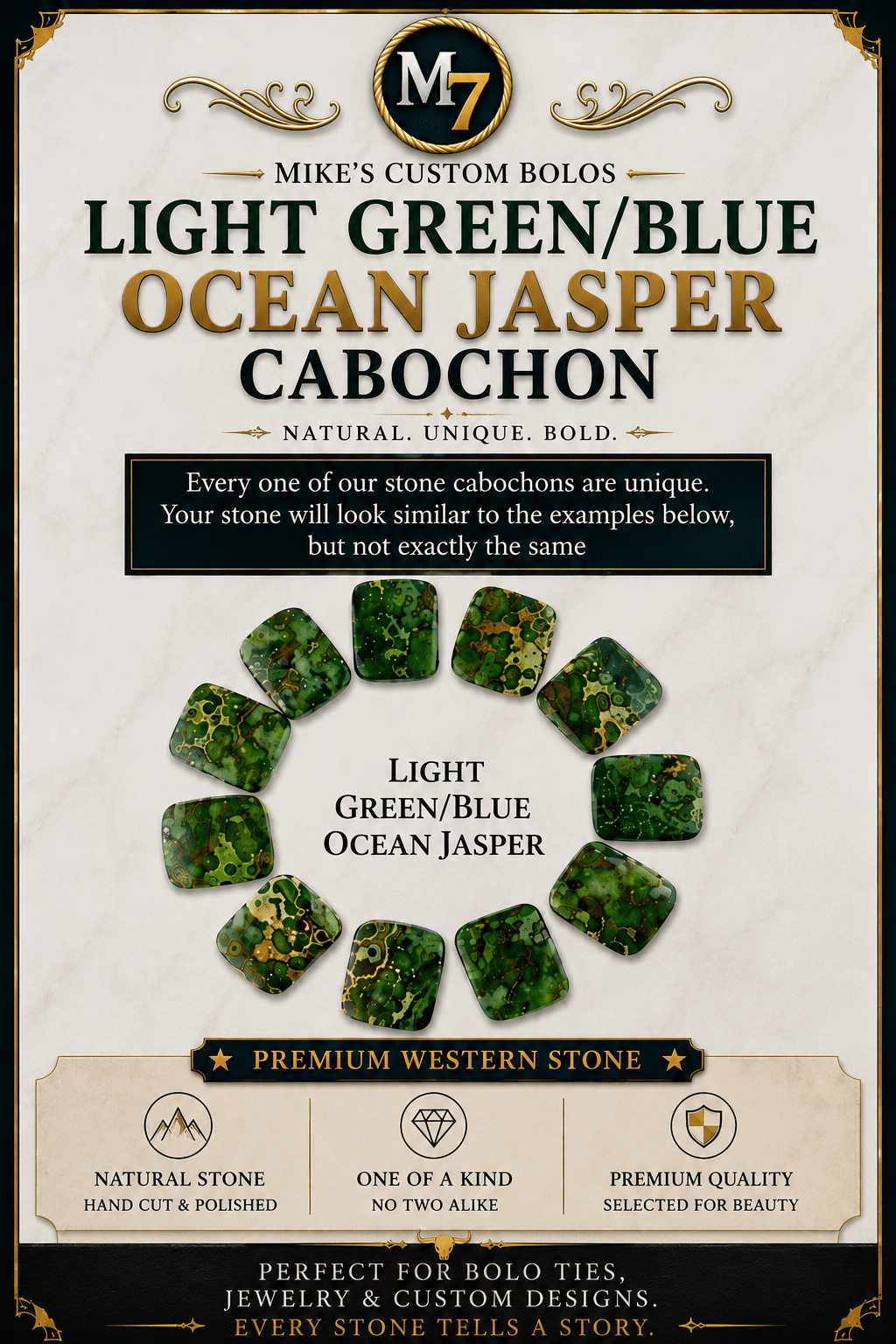 Ocean Jasper Light Green & Blue Cabochon | Premium Handcrafted Western Style - MIKE'S CUSTOM BOLOS
