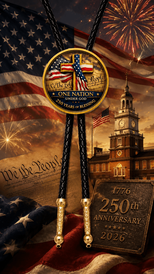 One Nation Under God Bolo Tie Side A with black braided leather and gold-tone tips displayed with the American flag, Constitution, Independence Hall, and fireworks