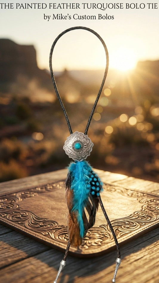 Painted Feather Turquoise Bolo Tie ~ Mike's Custom Bolos - MIKE'S CUSTOM BOLOS