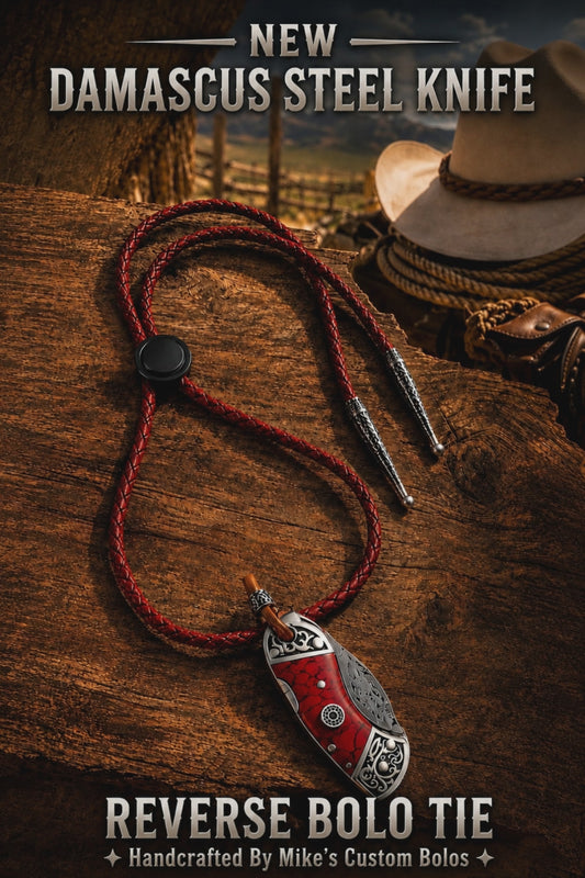 Reverse Red Damascus Knife Bolo Tie | Handcrafted Western Knife Bolo
