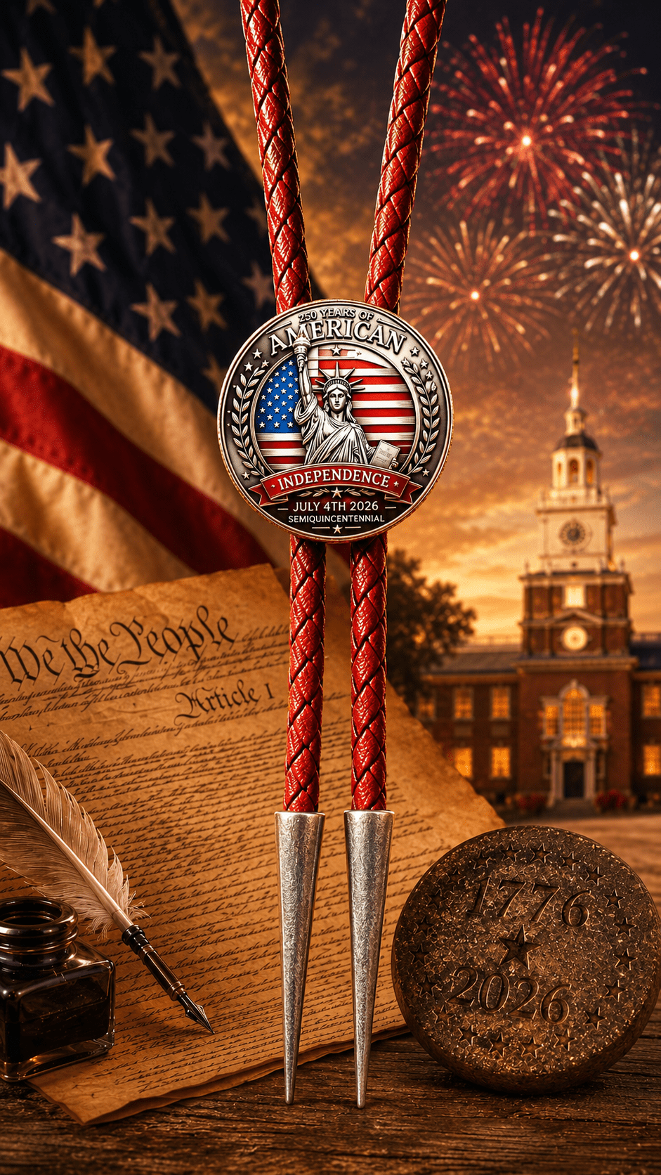 Red, White & Blue 250th Anniversary Bolo Tie (Side A) ~ Limited Edition U.S. Semiquincentennial Bolo Tie - MIKE'S CUSTOM BOLOS