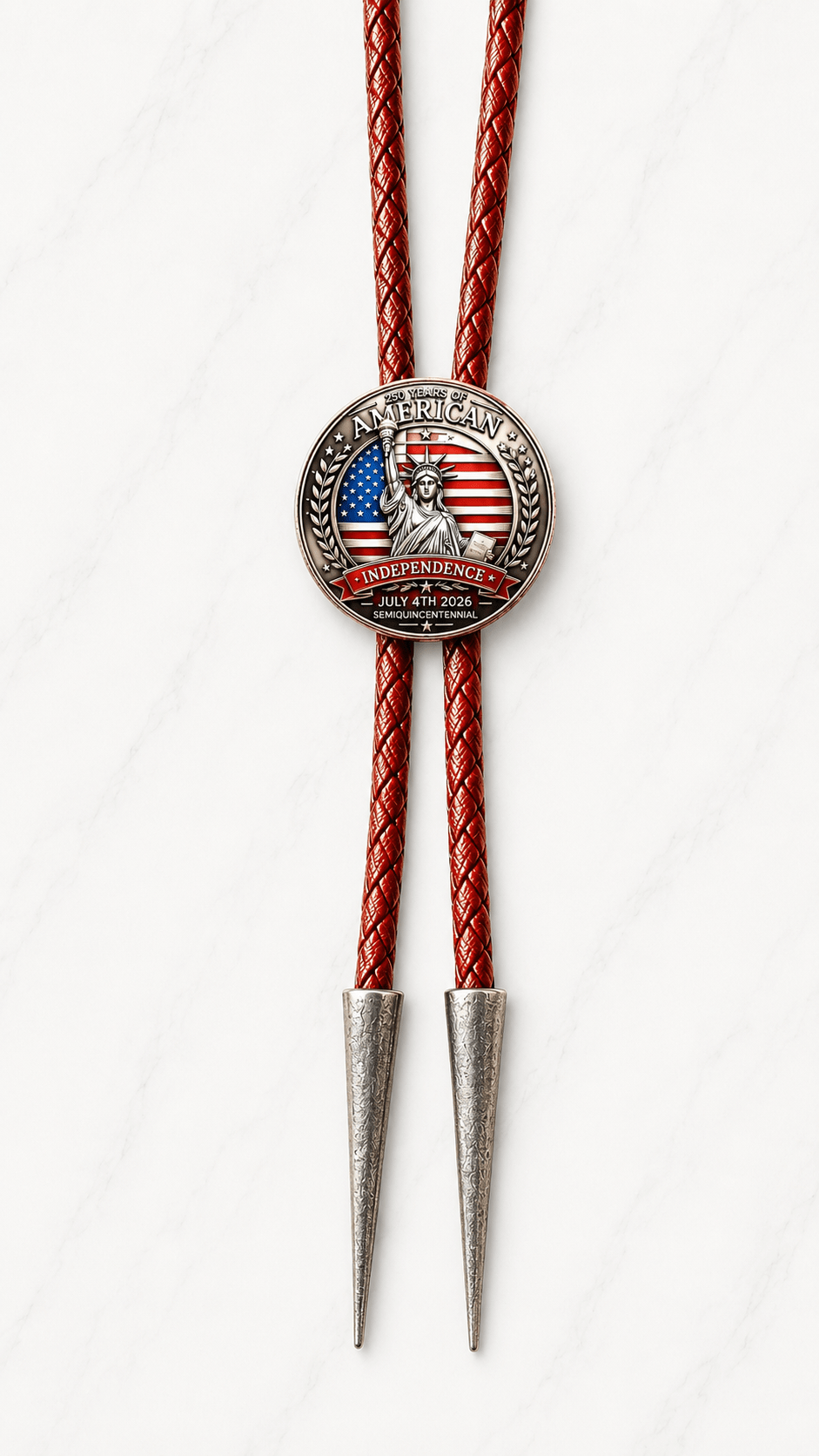 Red White and Blue 250th Anniversary Bolo Tie Side A two-sided collector’s edition featuring the Statue of Liberty, American flag, red braided leather, and engraved silver-tone tips on white marble