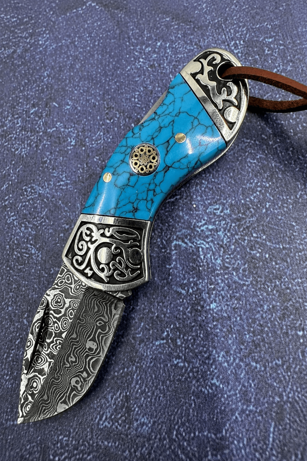 Reverse Blue Damascus Knife Bolo Tie | Handcrafted Western Knife Bolo - MIKE'S CUSTOM BOLOS