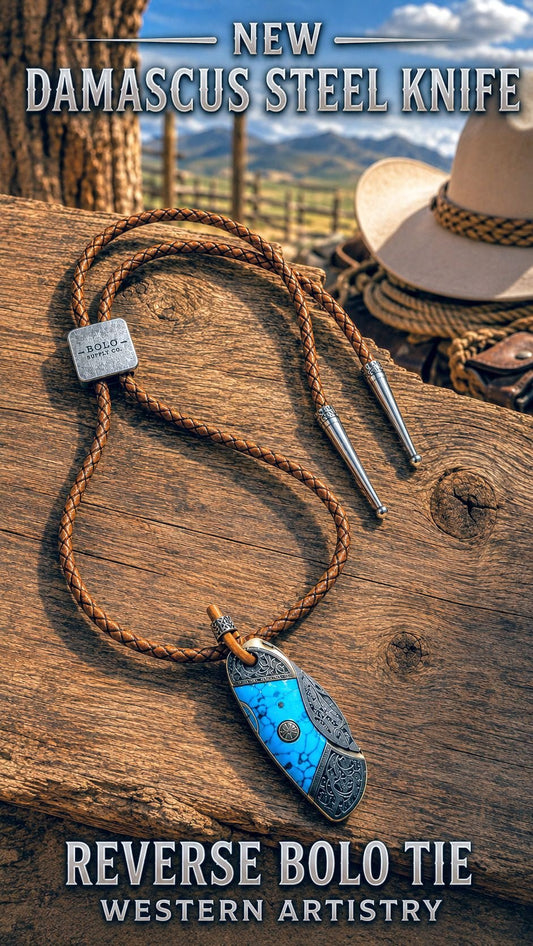 Reverse Blue Damascus Knife Bolo Tie | Handcrafted Western Knife Bolo - MIKE'S CUSTOM BOLOS