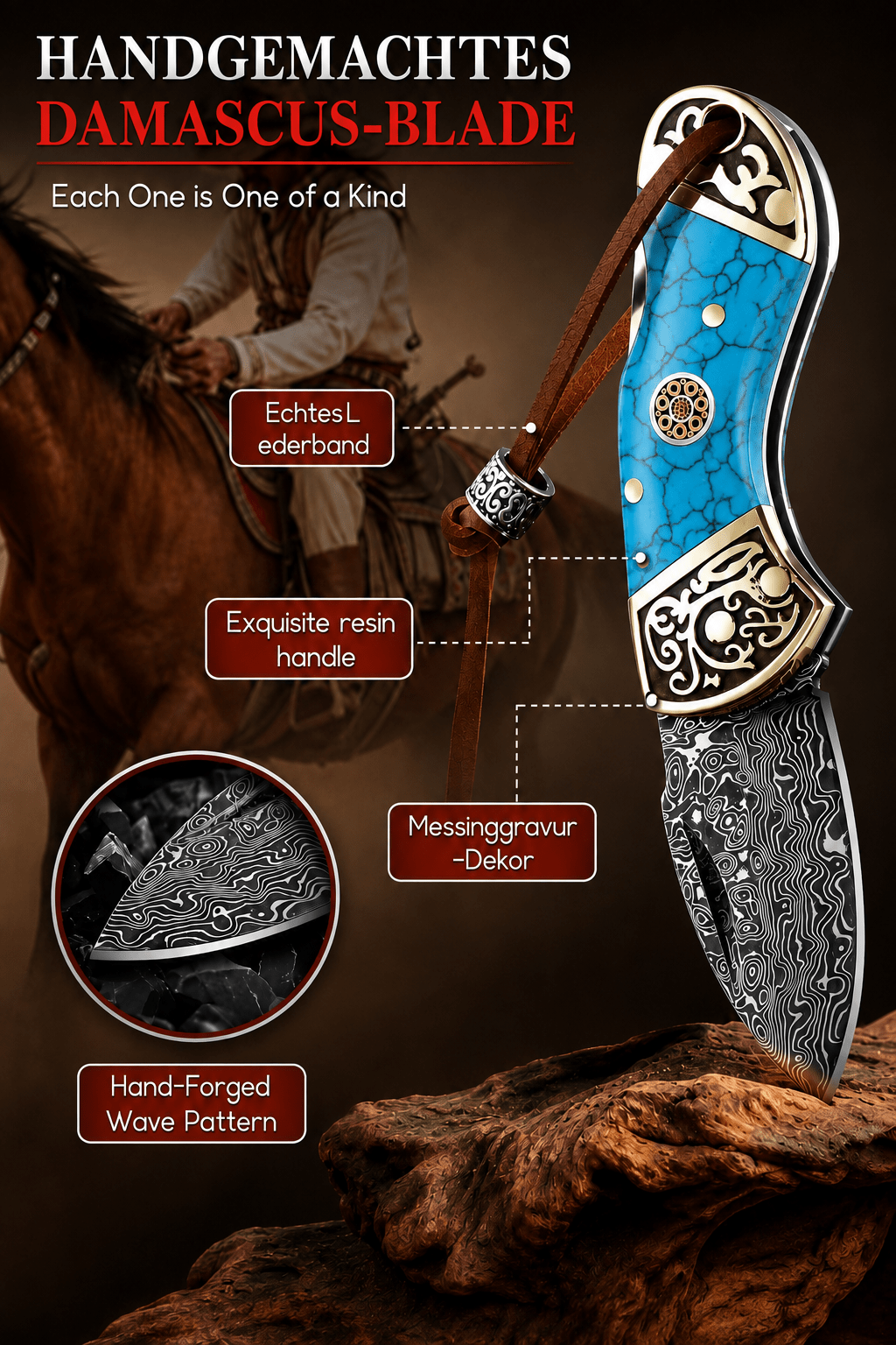 Reverse Blue Damascus Knife Bolo Tie | Handcrafted Western Knife Bolo - MIKE'S CUSTOM BOLOS