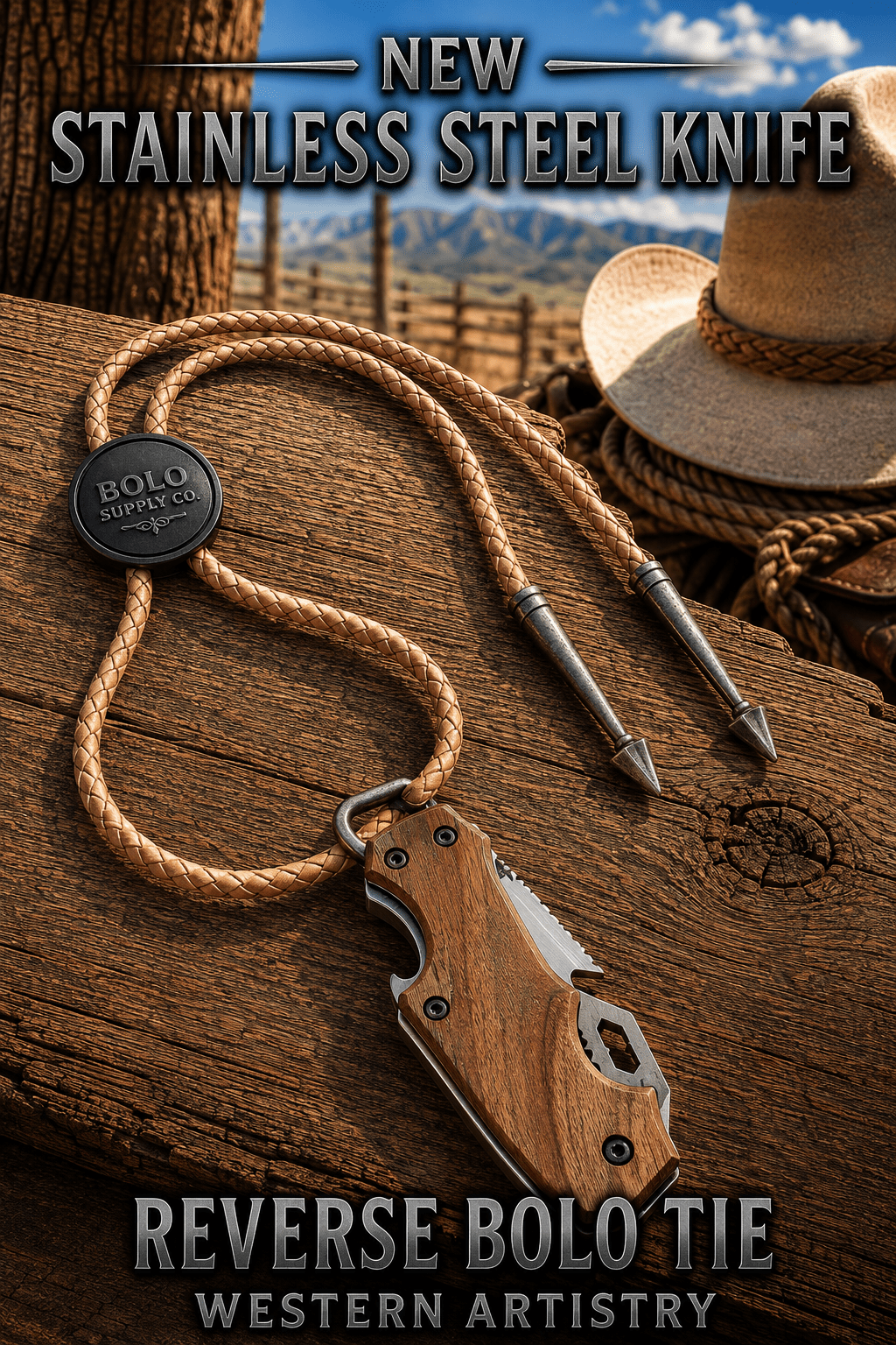 Reverse Brown Stainless Steel Knife Bolo Tie | Handcrafted Western Knife Bolo - MIKE'S CUSTOM BOLOS
