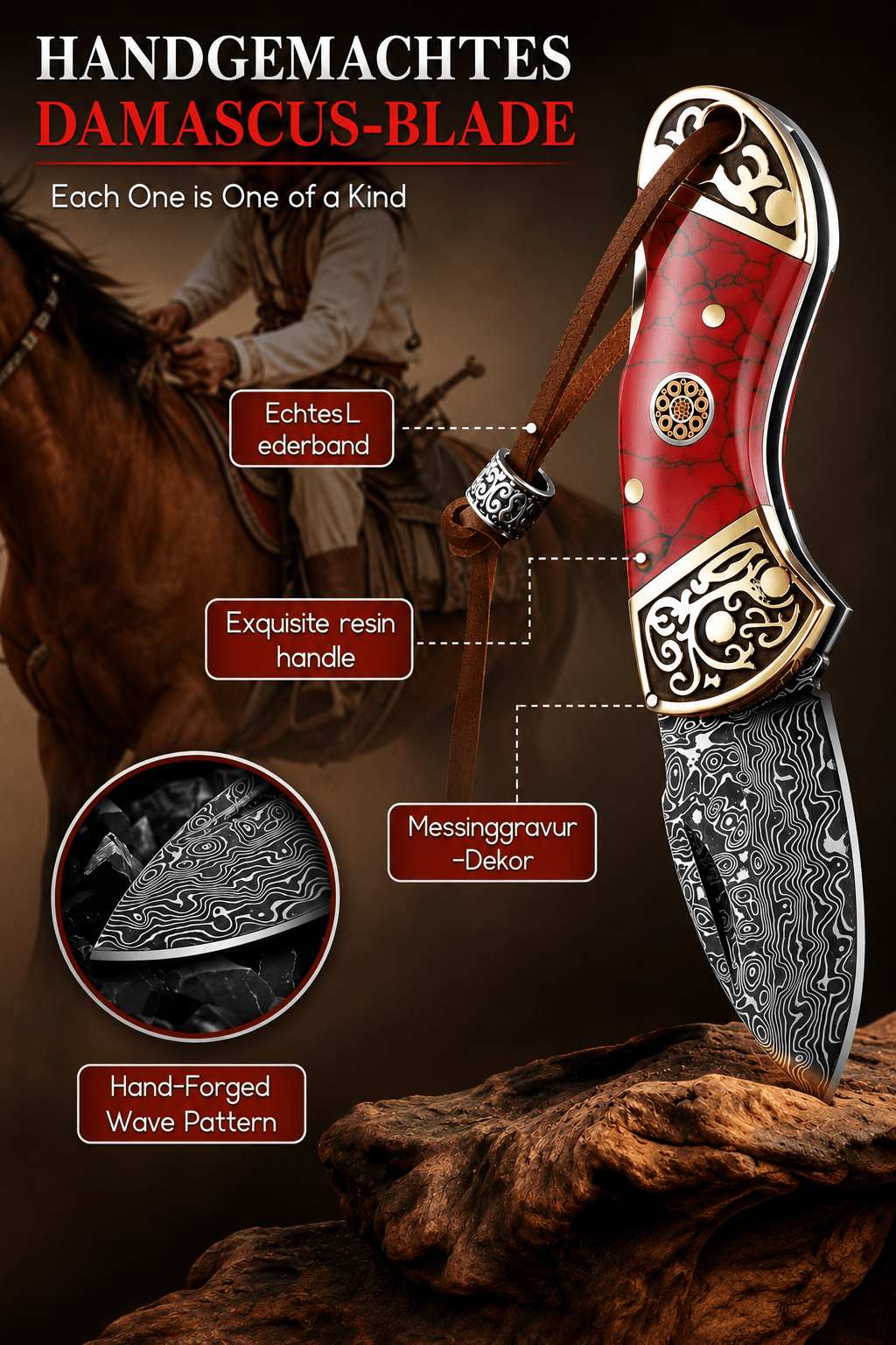 Reverse Red Damascus Knife Bolo Tie | Handcrafted Western Knife Bolo - MIKE'S CUSTOM BOLOS