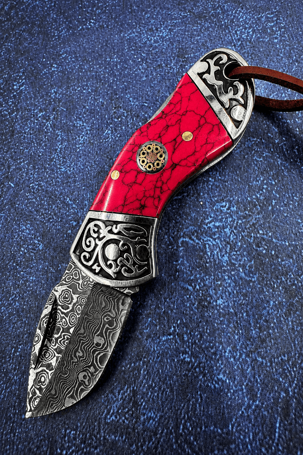 Reverse Red Damascus Knife Bolo Tie | Handcrafted Western Knife Bolo - MIKE'S CUSTOM BOLOS