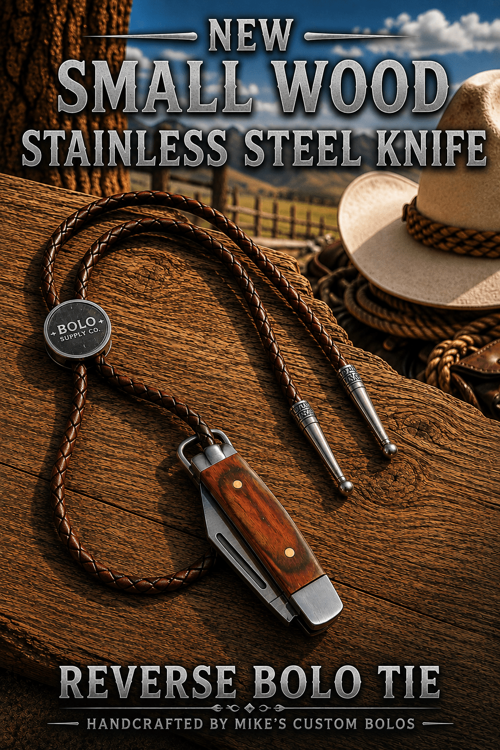 Reverse Small Brown Knife Bolo Tie | Handcrafted Western Knife Bolo - MIKE'S CUSTOM BOLOS