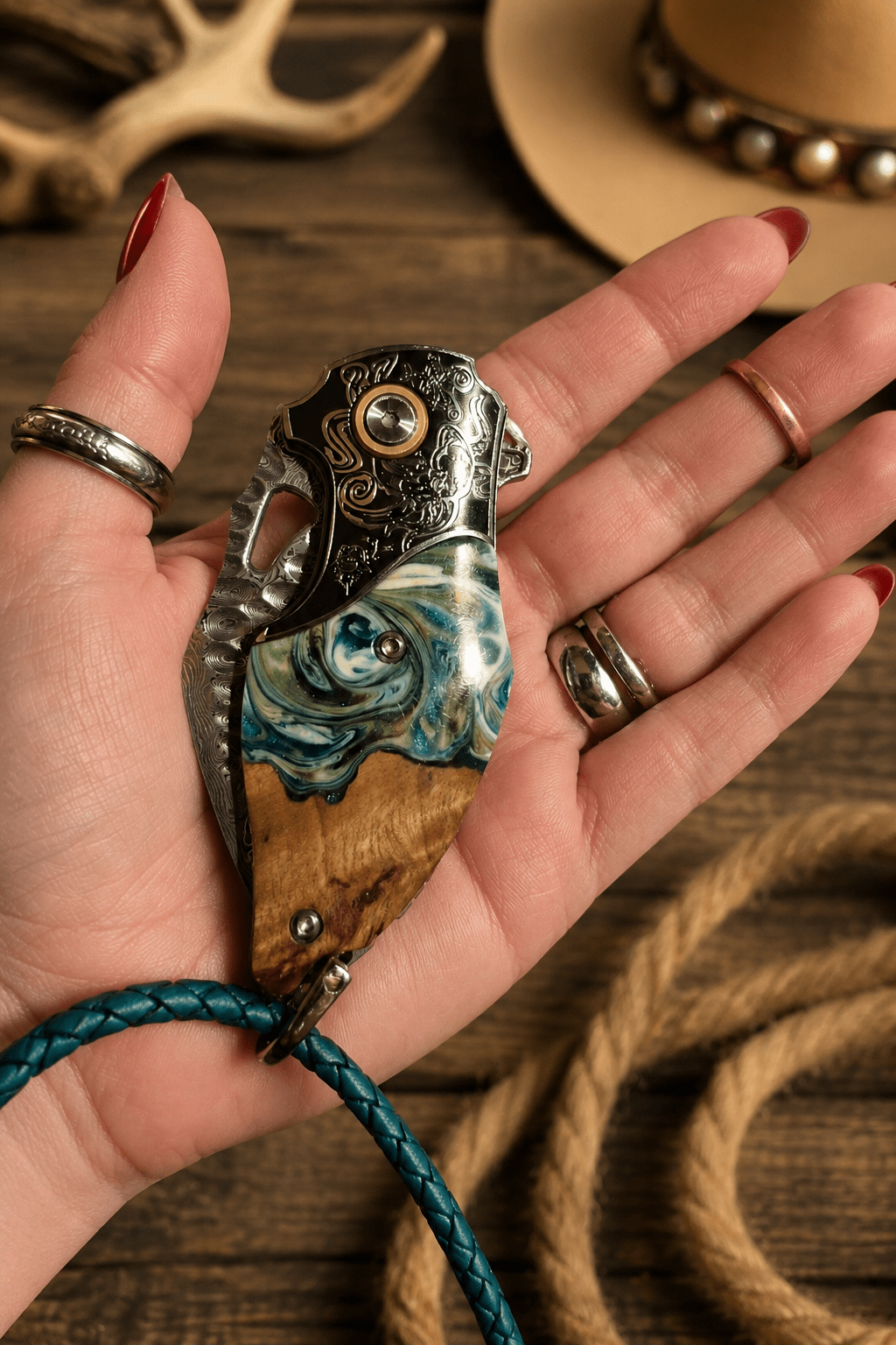 Reverse Verdal Minnow Demascus Steel Knife Bolo Tie - MIKE'S CUSTOM BOLOS