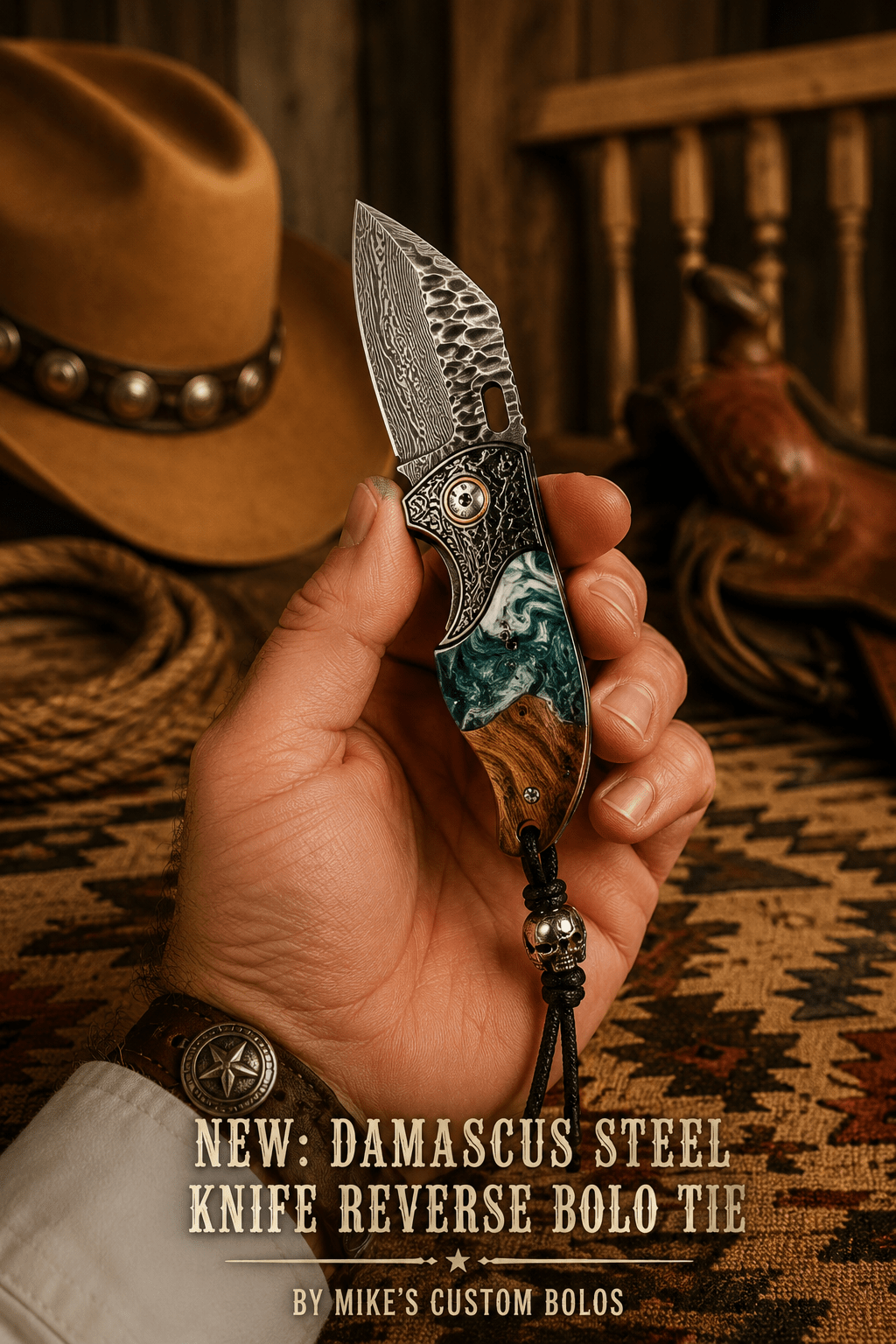Reverse Verdal Minnow Demascus Steel Knife Bolo Tie - MIKE'S CUSTOM BOLOS