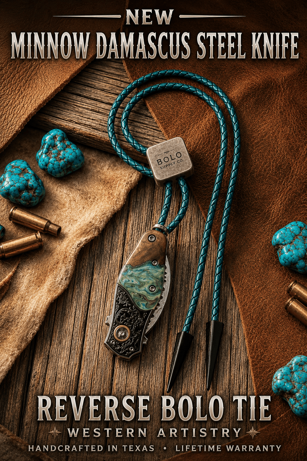 Reverse Verdal Minnow Demascus Steel Knife Bolo Tie - MIKE'S CUSTOM BOLOS