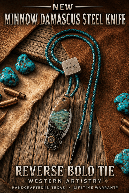 Reverse Verdal Minnow Demascus Steel Knife Bolo Tie - MIKE'S CUSTOM BOLOS