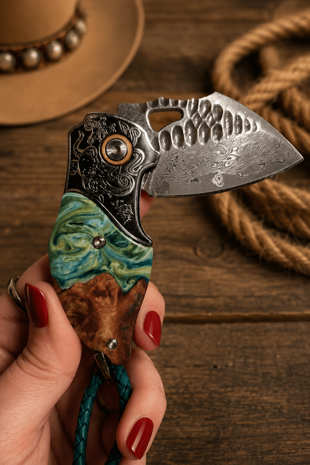 Reverse Verdal Minnow Demascus Steel Knife Bolo Tie - MIKE'S CUSTOM BOLOS