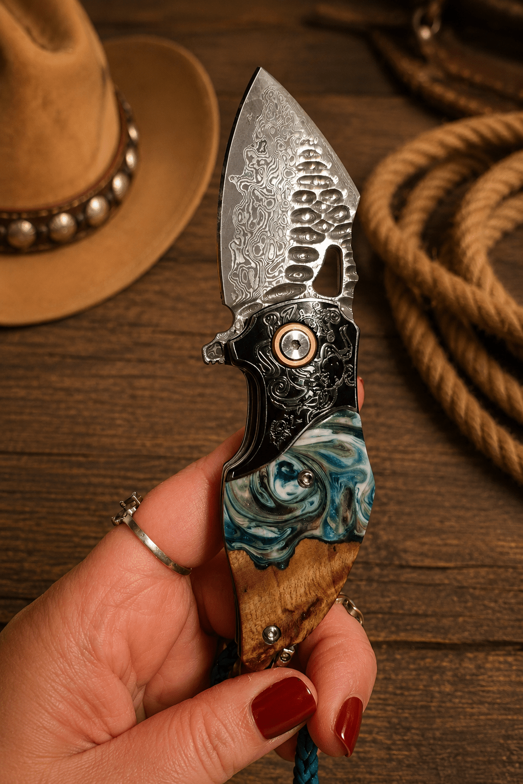 Reverse Verdal Minnow Demascus Steel Knife Bolo Tie - MIKE'S CUSTOM BOLOS