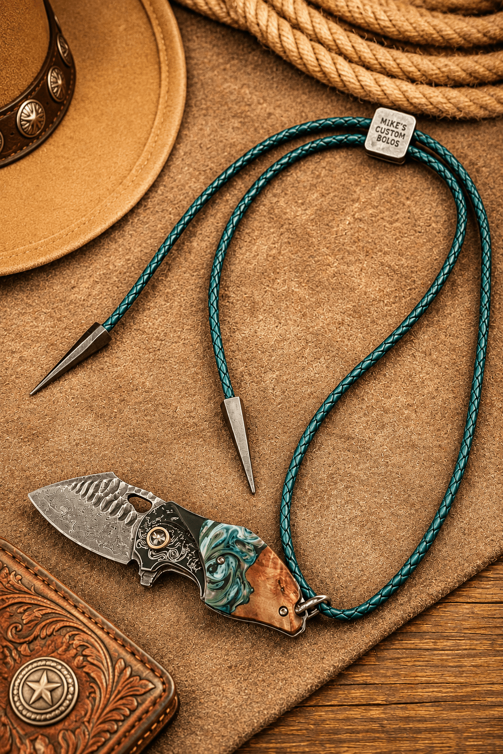 Reverse Verdal Minnow Demascus Steel Knife Bolo Tie - MIKE'S CUSTOM BOLOS