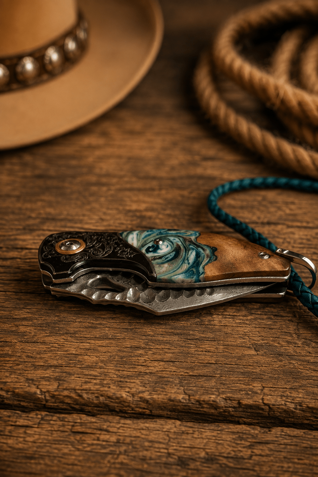 Reverse Verdal Minnow Demascus Steel Knife Bolo Tie - MIKE'S CUSTOM BOLOS