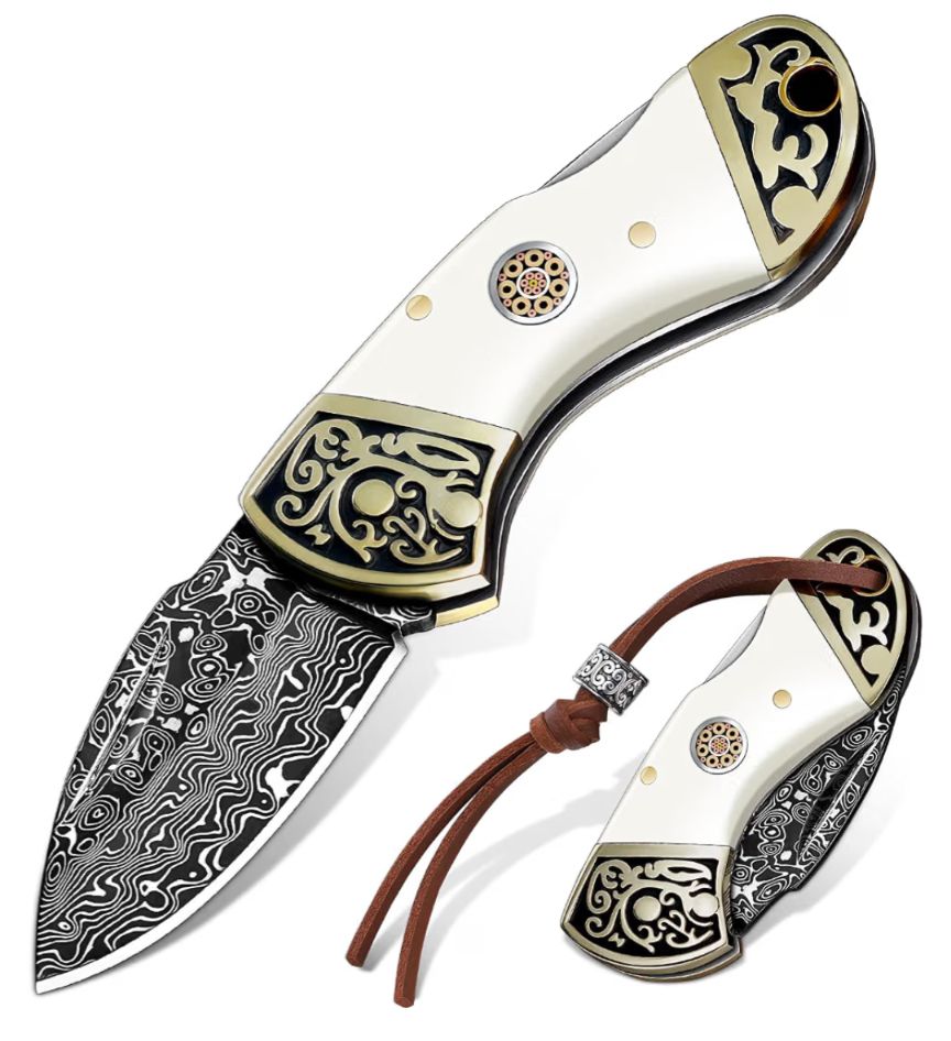 Reverse White Damascus Knife Bolo Tie | Handcrafted Western Knife Bolo - MIKE'S CUSTOM BOLOS