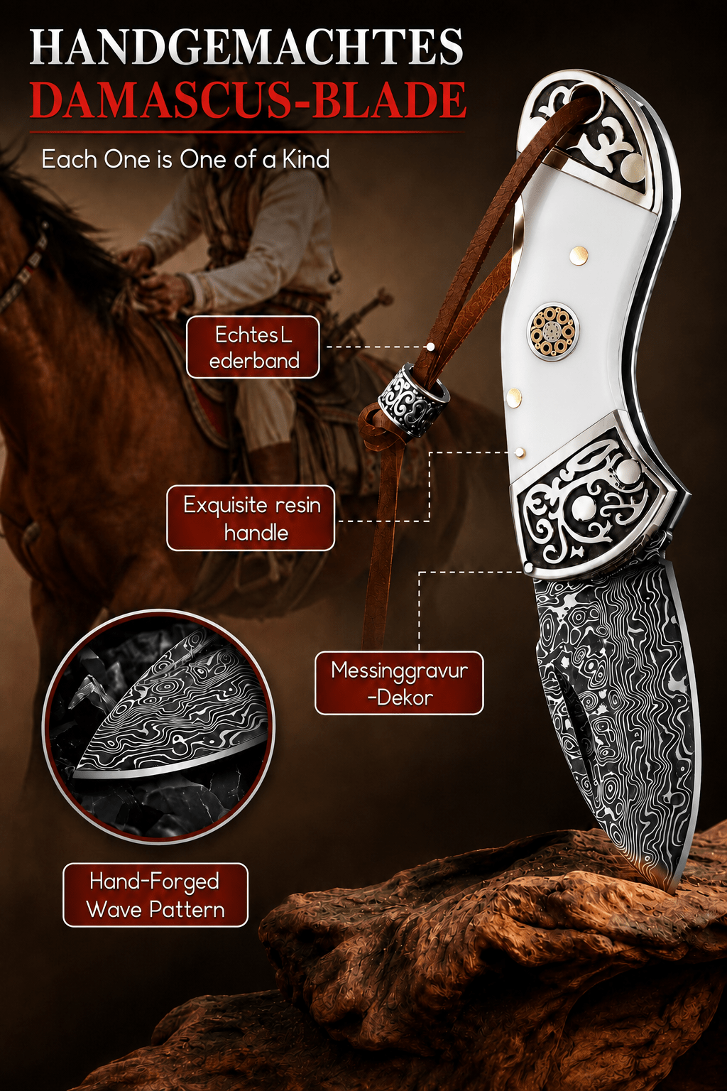 Reverse White Damascus Knife Bolo Tie | Handcrafted Western Knife Bolo - MIKE'S CUSTOM BOLOS